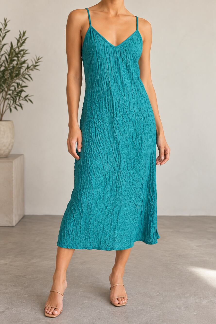 Vintage Midi Slip Dress Size M 10 Blue Crinkle Textured V-neck Relaxed Fit Y2K